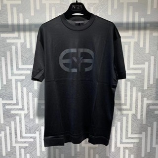 Armani SS เสื้อยืดลําลอง ผ้าฝ้าย พิมพ์ลายโลโก้ สีดํา สําหรับผู้ชาย