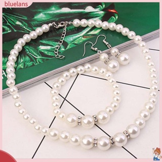 blue2_Elegant Women Faux Pearl Necklace Hook Earrings Bracelet Wedding Jewelry Gift