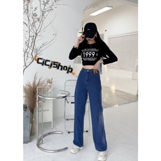 สินค้า Cicishop(K8806)Jean pants กางเกงยีนส์ขายาวทรงกระบอก กิมมิคเย็บป้ายด้านหน้า