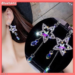 bluelans♘Party Women Shiny Rhinestone Inlaid Star Long Tassel Drop Dangle Stud Earrings