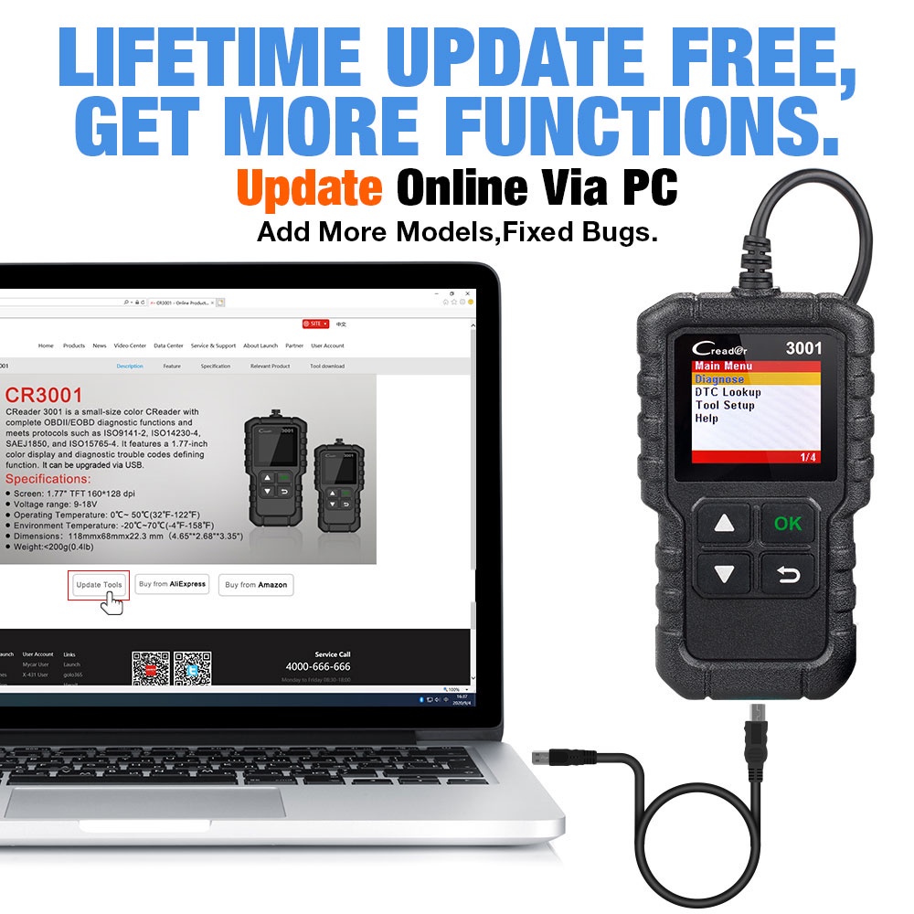 LAUNCH CR3001 V2.0 USB update Code Reader OBDII/EOBD เครื่องมือวินิจฉัย ...