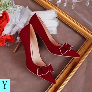 รองเท้าส้นสูง 202 ประดับเพชรเทียม สีแดง แฟชั่นฤดูใบไม้ร่วง ฤดูหนาว สไตล์ฝรั่งเศส สําหรับผู้หญิง ใส่ไปงานแต่งงาน 2 ชิ้น