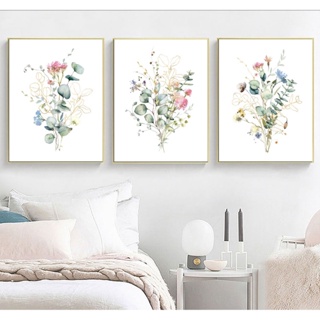 Wildflowers Greenery Flowers and Eucalyptus Bouquets Gold Leaves Watercolor Prints Canvas Pictures