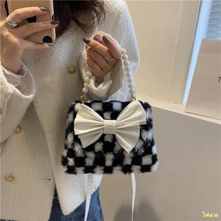 Hot spot📣Checkerboard messenger ขนาดเล็กกระเป๋าผู้หญิงใหม่ไหล่มือถือขนสัตว์กระเป๋า bow กระเป๋าสี่เหลี่ยมเล็กๆ