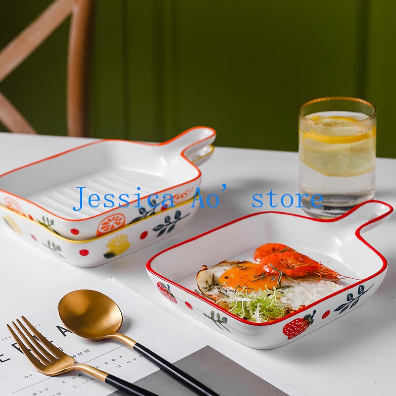 23x16cm-nordic-kitchen-oven-use-tableware-ceramic-plate-set-baking-board-with-handle-white-bowl-with-handle-fruit-patter