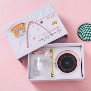 เครื่องอุ่นแก้ว มาพร้อมแก้วมีฝาปิดและช้อน แบบเซ็ท  ถ้วยร้อน  พร้อมส่ง