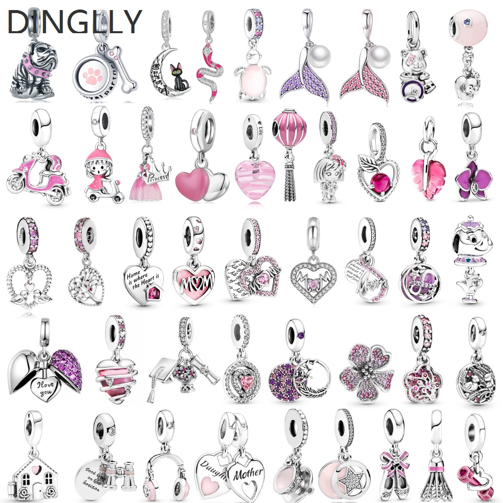dinglly-จี้ลูกปัด-รูปหัวใจ-ดอกไม้-สีชมพู-สีเงิน-สําหรับทําเครื่องประดับ-หูฟัง-แบดมินตัน-diy