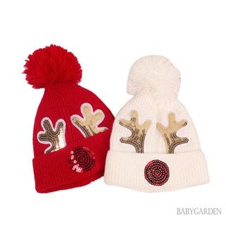 Babygarden- หมวกบีนนี่ ผ้าวูลถัก ประดับเลื่อม ลายเขากวาง คริสต์มาส เหมาะกับฤดูใบไม้ร่วง ฤดูหนาว สีดํา แดง น้ํานม สีขาว สําหรับเด็กทุกเพศ