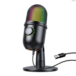 ไมโครโฟนคอนเดนเซอร์ RGB Cardioid USB พร้อมเอฟเฟกต์แสงที่มีสีสัน ปุ่มเดียว การตรวจสอบแบบเรียลไทม์ พร้อมขาตั้งไมค์ตั้งโต๊ะ สําหรับแล็ปท็อป พีซี สตรีมมิ่ง ประชุมทางวิดีโอ