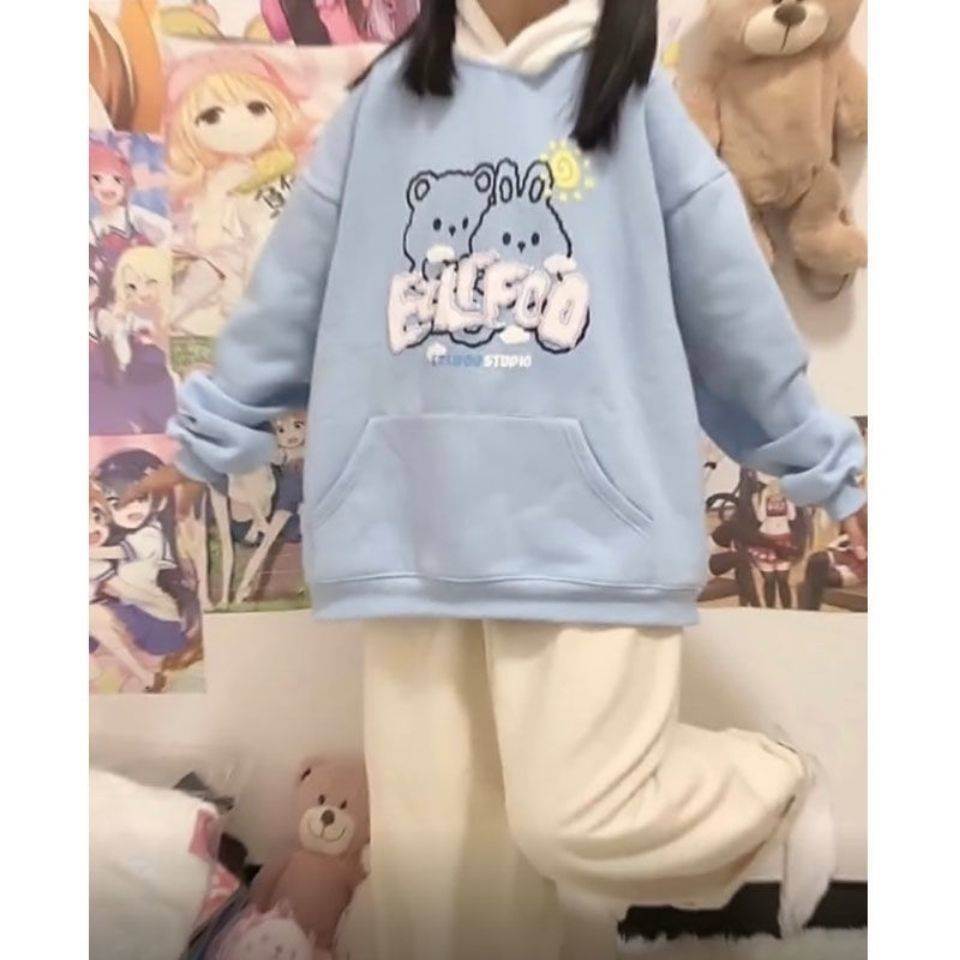 เสื้อสเวตเตอร์สไตล์ญี่ปุ่นมีฮู้ดหูกระต่ายนักเรียนฤดูใบไม้ร่วงและฤดูหนาวเสื้อโค้ทหวาน