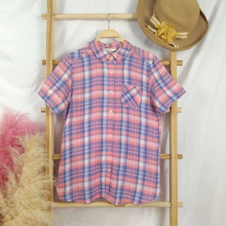 🧸เสื้อเชิ้ตลายสก็อต​ โทนพีช+ฟ้า​ น่ารัก​  กระดุมหลายสี