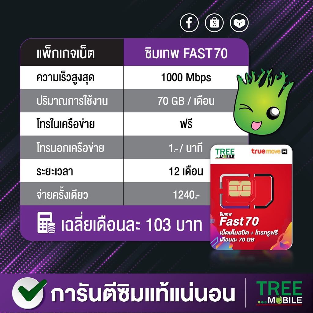 ภาพหน้าปกสินค้าซิมเทพ Fast70 เน็ตแรงเต็ม Speed 70GB/เดือน โทรไม่อั้นในเครือข่าย  /ร้าน TreeMobile / Tree Mobile จากร้าน treemobile บน Shopee