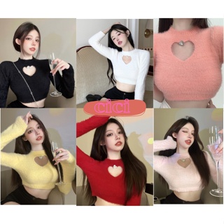 สินค้า CICI🍓พร้อมส่ง🍍(1521)เสื้อครอปแขนยาวขนมิ้งคอกลม ดีเทลเว้ารูปหัวใจ สีน่ารักกก แอบแซ่บนิดๆ ผ้านุ่มมากก