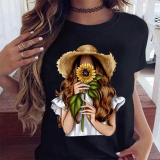 เสื้อยืด cotton Camiseta de girasol para mujer, Top informal, camisetas de flores para mujer, de cuello redondo Camiseta