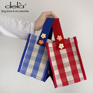Dela กระเป๋าถือ ผ้าแคนวาส ลายสก๊อต กันน้ํา แบบพกพา สไตล์เกาหลี สําหรับผู้หญิง