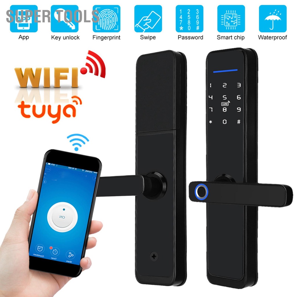 super-tools-wifi-electronic-door-handle-lock-password-fingerprint-ic-card-remote-work-with-tuya