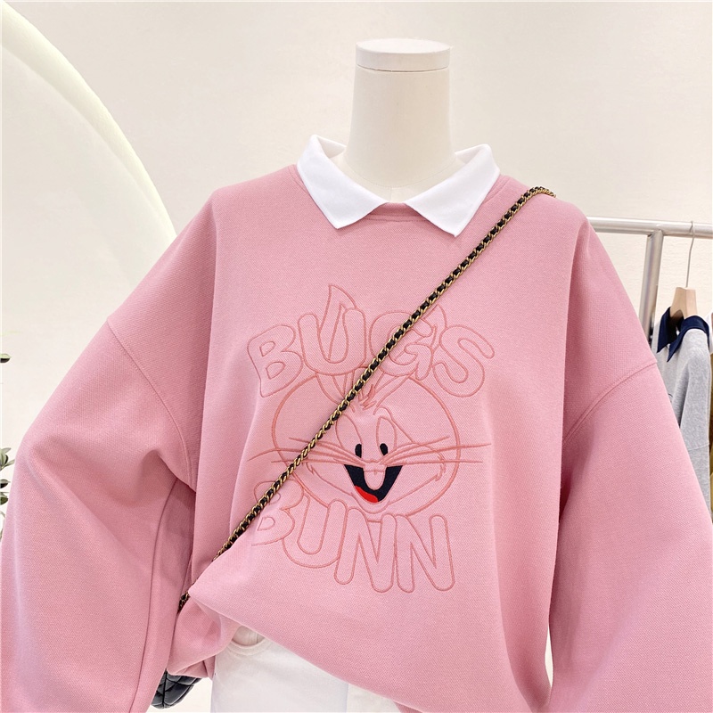เสื้อกันหนาว-คอปก-ผ้าฝ้าย-100-ปักลายการ์ตูน-พลัสไซซ์-สําหรับผู้หญิง