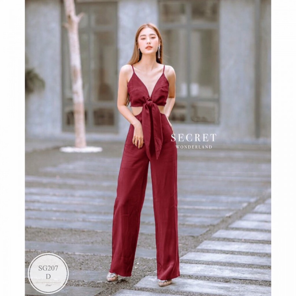 es207-jumpsuit-จั้มสูทสายเดี่ยว-อกผูกโบว์สายเดี่ยวผูกแบบไขว้ด้านหลัง-เอวสม็อคหลัง-มีซิปหลัง-งานผ้าซ่าร่า-พร้อมส่ง