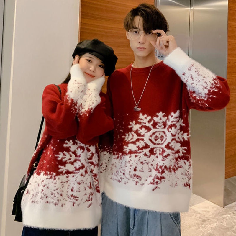 เสื้อกันหนาว-แบบหนา-ทรงหลวม-ลายคริสต์มาส-สีแดง-สไตล์เกาหลี-สําหรับผู้ชาย-และคู่รัก