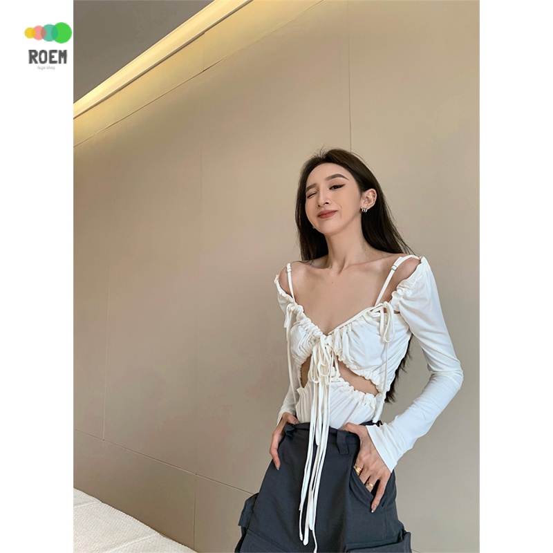 nini-autumn-new-product-new-hot-girl-slim-fit-korean-style-slimming-sexy-long-sleeved-top-pleated-strap-t-shirt-v-neck-inner-match