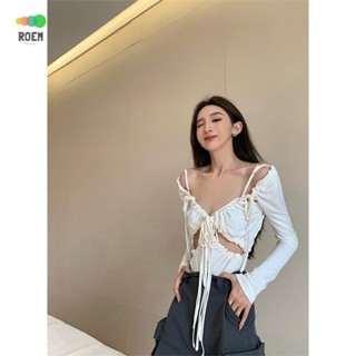 Nini Autumn New Product · New hot girl slim-fit Korean style slimming sexy long-sleeved top pleated strap T-shirt V-neck inner match