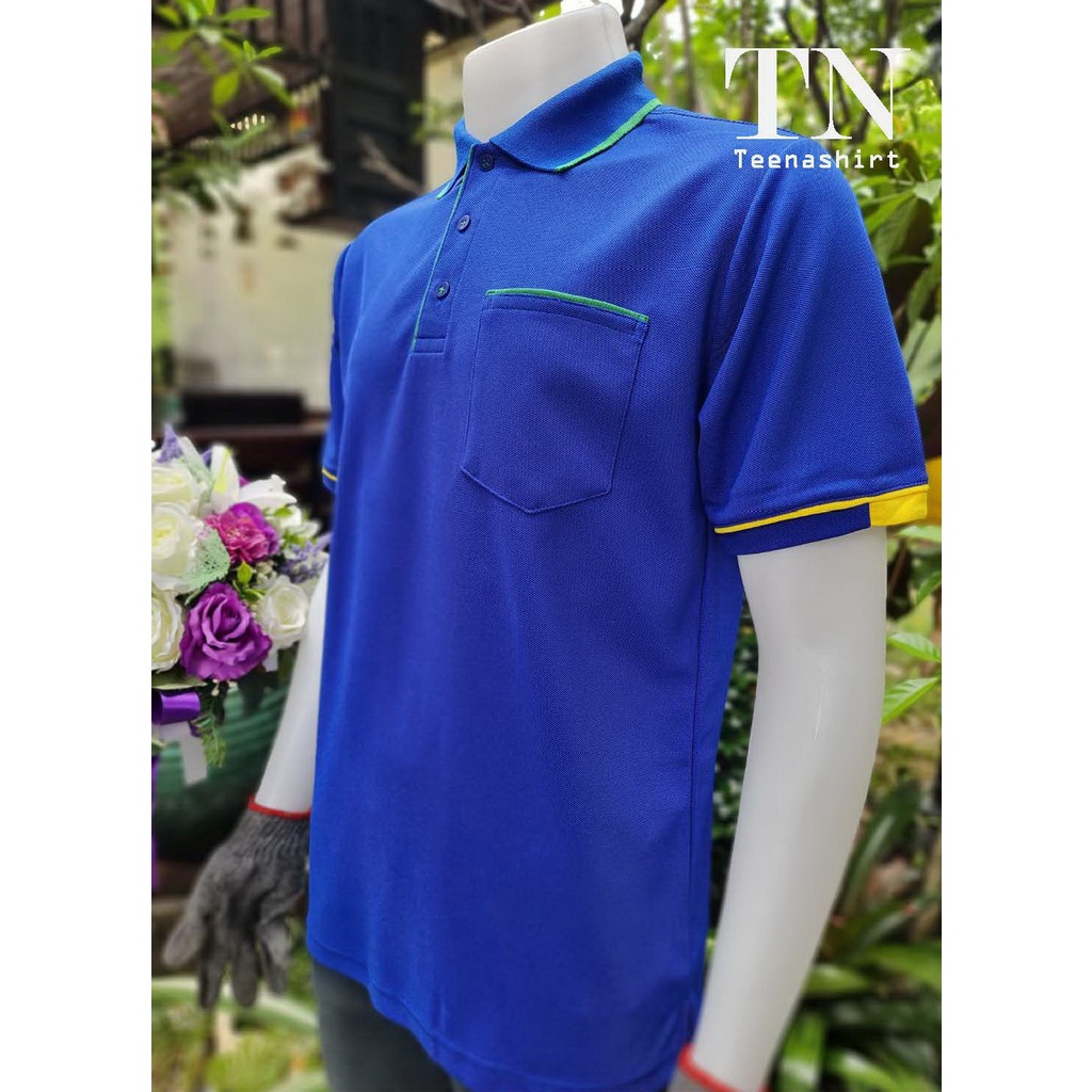tnp-fashion-เสื้อโปโล-สีน้ำเงิน-ปกขลิปเขียว-แขนขลิปเหลือง-มีกระเป๋า-เนื้อผ้า-magcool-mc-คอปก-แขนจั๊ม-ชาย