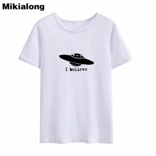 เสื้อยื Mikialong 2018 ben inanıyorum komik T Shirt kadın Harajuku Tumblr UFO yaz T gömlek kadın üst Tee gömlek Femme Ka