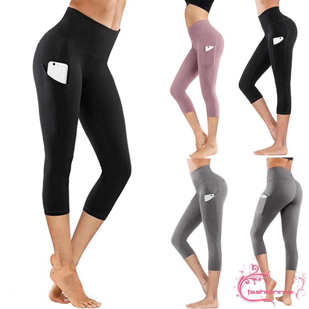 FashionmeFemale Yoga Pants, Solid Color High Waist Cropped Trousers