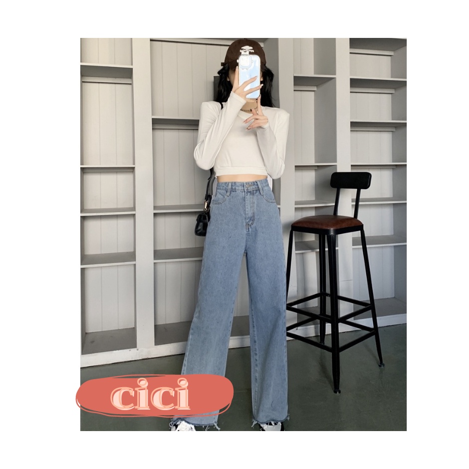 cici-พร้อมส่ง-l-03-กางเกงขายาวยีนส์ทรงกระบอก-แต่งปลายรุ่ยวินเทจ-ทรงสวย-สีโทนฟอกอ่อนบางๆ