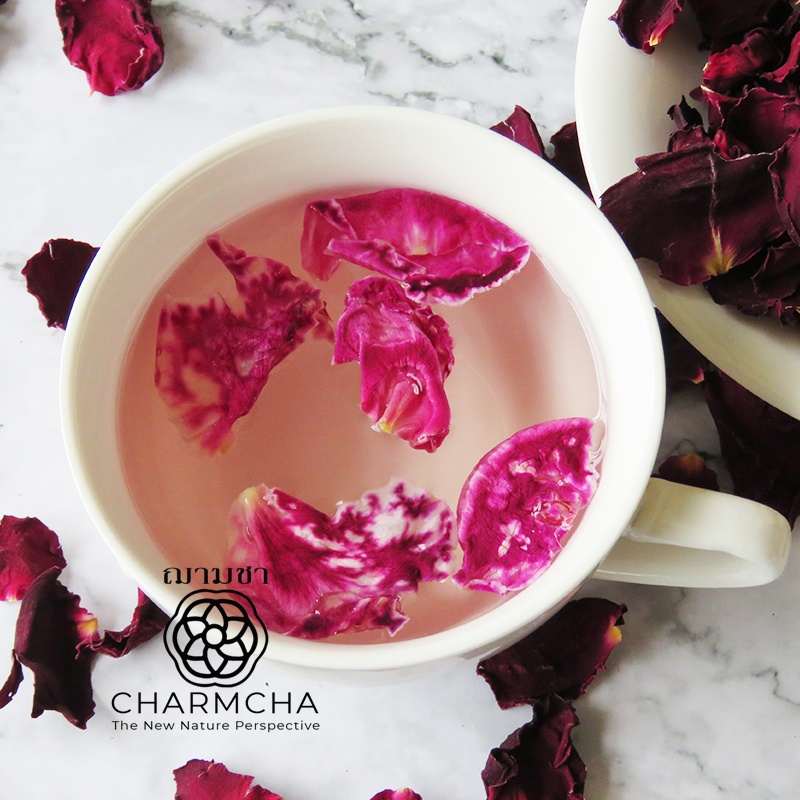 ชากลีบกุหลาบแดงเข้ม-กลีบกุหลาบคริมสัน-crimson-rose-tea-ชาตัวหอม-ความอ่อนล้า-ลดความเครียด-ผิวพรรณ-เปล่งปลั่งสดใส-ใบชา