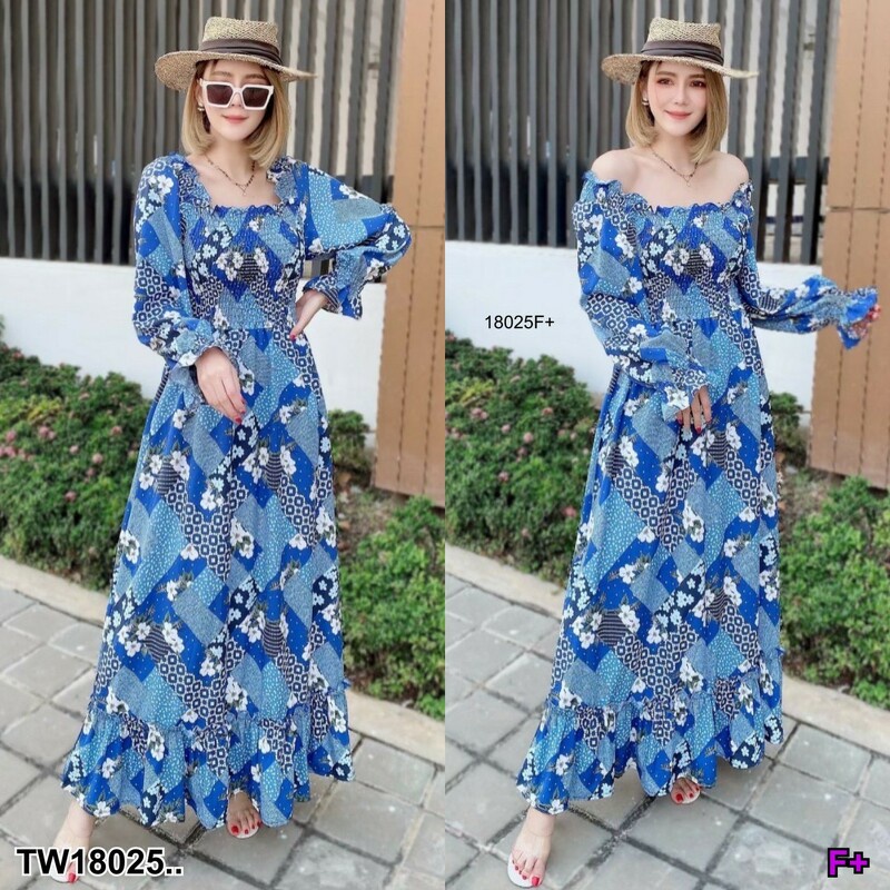 b18025-แม็กซี่เดรสยาว-คอเหลี่ยม-พิมพ์ลายกราฟฟิก-long-maxi-dress-square-neck-graphic-print