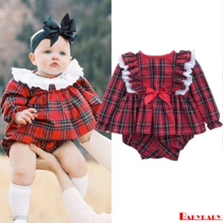 Babybaby- ชุดเด็กผู้หญิง ลายสก๊อตสีแดง เสื้อแขนยาว แต่งระบาย ลูกไม้ + กางเกงขาสั้น