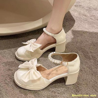 Hot sale#🎉Mary Jane รองเท้าผู้หญิง 2022 โบว์มุกใหม่ส้นหนากันลื่นแฟชั่นทุกการแข่งขันย้อนยุคขนาดเล็กรองเท้าหนัง
