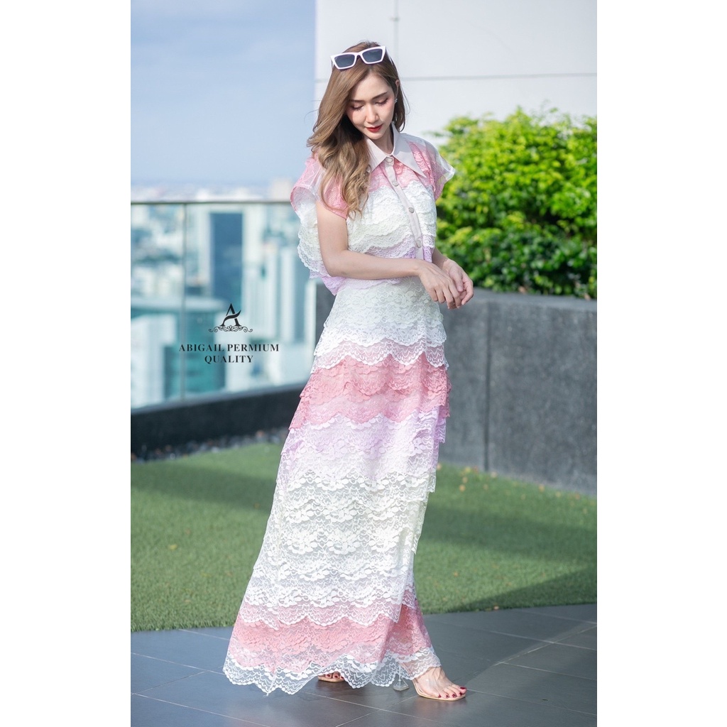 เช็คไซส์ก่อนกดสั่ง-พร้อมส่ง-s-l-เซตเสื้อคอปกระดุมหน้า-ตัดเย็บลูกไม้เรียงชั้นๆกับกระโปรงผ้าตัดต่อลูกไม้สลับสีโทนพาล