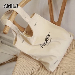AMILA Art Simple ความจุขนาดใหญ่สไตล์เกาหลีกระเป๋าสะพายข้างผ้าแคนวาส Tote bag