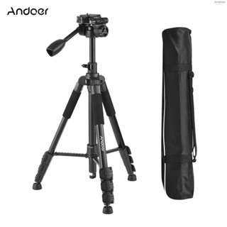 Andoer ขาตั้งกล้องอลูมิเนียม แบบพกพา 157 ซม. 61.8 นิ้ว รับน้ําหนัก 5 กก. 11 ปอนด์ สกรูเชื่อมต่อ 1/4 นิ้ว พร้อมกระเป๋าถือ สําหรับ Vlog Live Strea