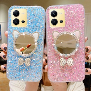 2022 New Casing VIVO Y16 V25 V25e 5G Y35 2022 Y22 Y22s เคส Phone Case with Bowknot Diamond Makeup Mirror Silicone High Flash Soft Case Back Cover เคสโทรศัพท