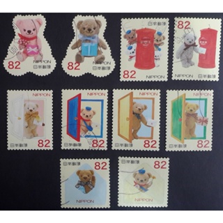 J254 แสตมป์ญี่ปุ่นใช้แล้ว ชุด Greetings Autumn Teddy Bear Postman ปี 2014 ใช้แล้ว สภาพดี ครบชุด 10 ดวง