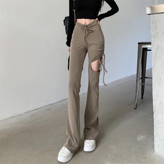 SKT306 กางเกงขายาวผู้หญิงเซ็กซี่กางเกงขายาวบางบานไม่สมมาตรตัดออกแบบยืดกางเกงสูง