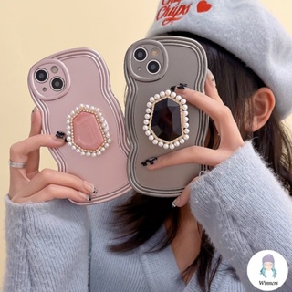 เคสโทรศัพท์มือถือ TPU นิ่ม กันกระแทก ปิดด้านหลัง ประดับมุก หรูหรา แวววาว พร้อมขาตั้ง สําหรับ IPhone 14 13 12 11 Pro Max