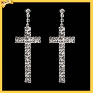 [Athena] Womens Rhinestone Cross Pendant Single Double Rows Dangle Eardrop Stud Earrings