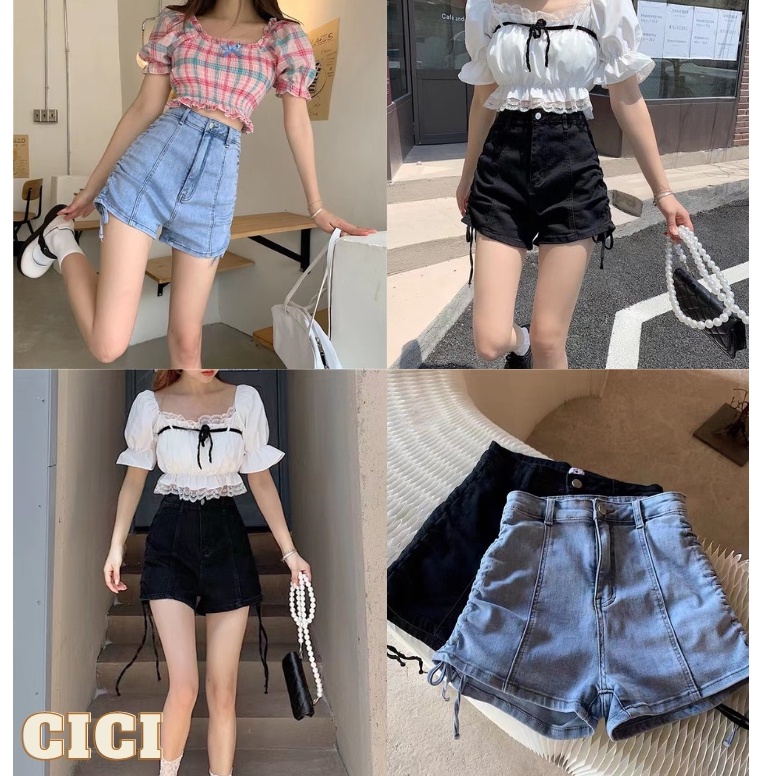 cici-พร้อมส่ง-710-กางเกงยีนส์เอวสูง-แต่งเชือกรูดข้าง-แบบเก๋ๆ-แซ่บ-แฟชั่นใหม่เทรนเกาหลี