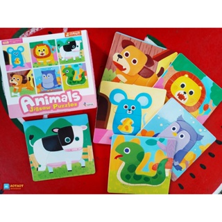 กล่องชมพู จิ๊กซอว์รูปสัตว์ Animals Jigsaw Puzzles 1 กล่อง 6 แผ่น พร้อมคำศัพท์ 3 ภาษา (ใช้ร่วมกับปากกาTalkingpenได้)