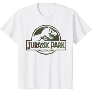 เสื้อยืดชาย เสื้อยืดสีขาว เสื้อยืด ผ้าฝ้าย พิมพ์ลายกราฟฟิค Jurassic Park Camo Fossil สําหรับผู้ชาย