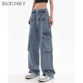 DaDuHey💕 Womens Summer-Style Retro Design Multi-Pocket Jeans High Street Niche Straight Wide Leg Loose Cargo Pants