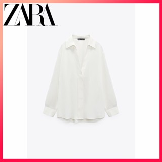 Zara ฤดูใบไม้ร่วงและฤดูหนาว ใหม่ ผู้หญิง แขนยาว สีขาว ปกเสื้อเชิ้ต ผ้าเดรป