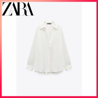 Zara ฤดูใบไม้ร่วงและฤดูหนาว ใหม่ ผู้หญิง แขนยาว สีขาว ปกเสื้อเชิ้ต ผ้าเดรป