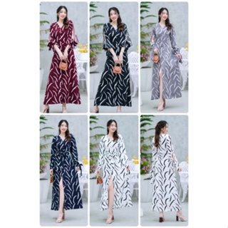 Maxi dress คอวีลายขนนก แหวกแขนผูกโบว์ที่แขน ติดกระดุมด้านหน้า มีโบว์ผูกเอว(ปรับระดับเอวได้)งานใส่แล้วสวยมีสไตล์มากๆ