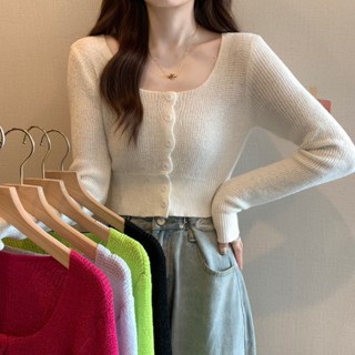 เสื้อครอปท็อปแขนยาว คอสี่เหลี่ยม ผ้าถัก สีพื้น แฟชั่นฤดูใบไม้ร่วง สไตล์หวานแหวว