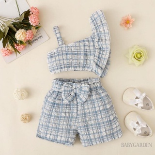 Babygarden- ชุดเสื้อแขนกุด เปิดไหล่ ลายสก๊อต กางเกงขาสั้น ประดับโบว์ แฟชั่นฤดูร้อน ฤดูใบไม้ผลิ สําหรับเด็กผู้หญิง 1-5 ปี